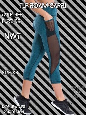 TLF Roam Capri Jade Heather HTF Sexy Take Life Further Leggings Peekabo Mesh XS